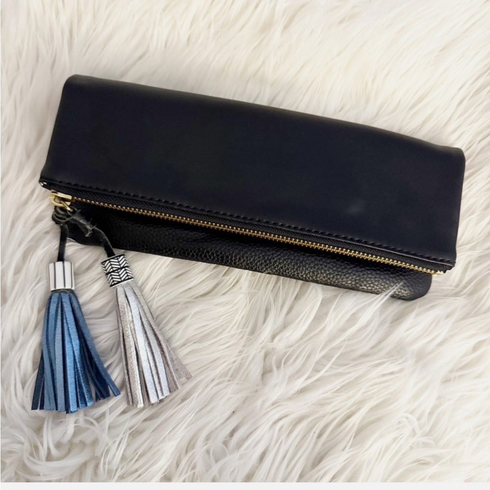 Hechizo for Anthropologie, vegan leather,  zipper clutch with tassles